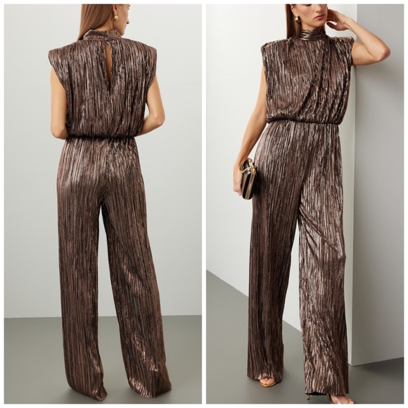 Sabina Musayev Jones Disco Pleated Jumpsuit Gold Black Metallic Lame - SMALL - Picture 1 of 11